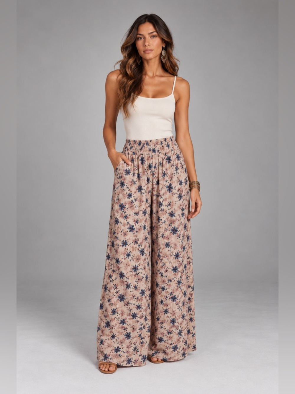 Rewash Womens L Floral Wide Leg Palazzo Pants Smocked Waist Boho Cottagecore